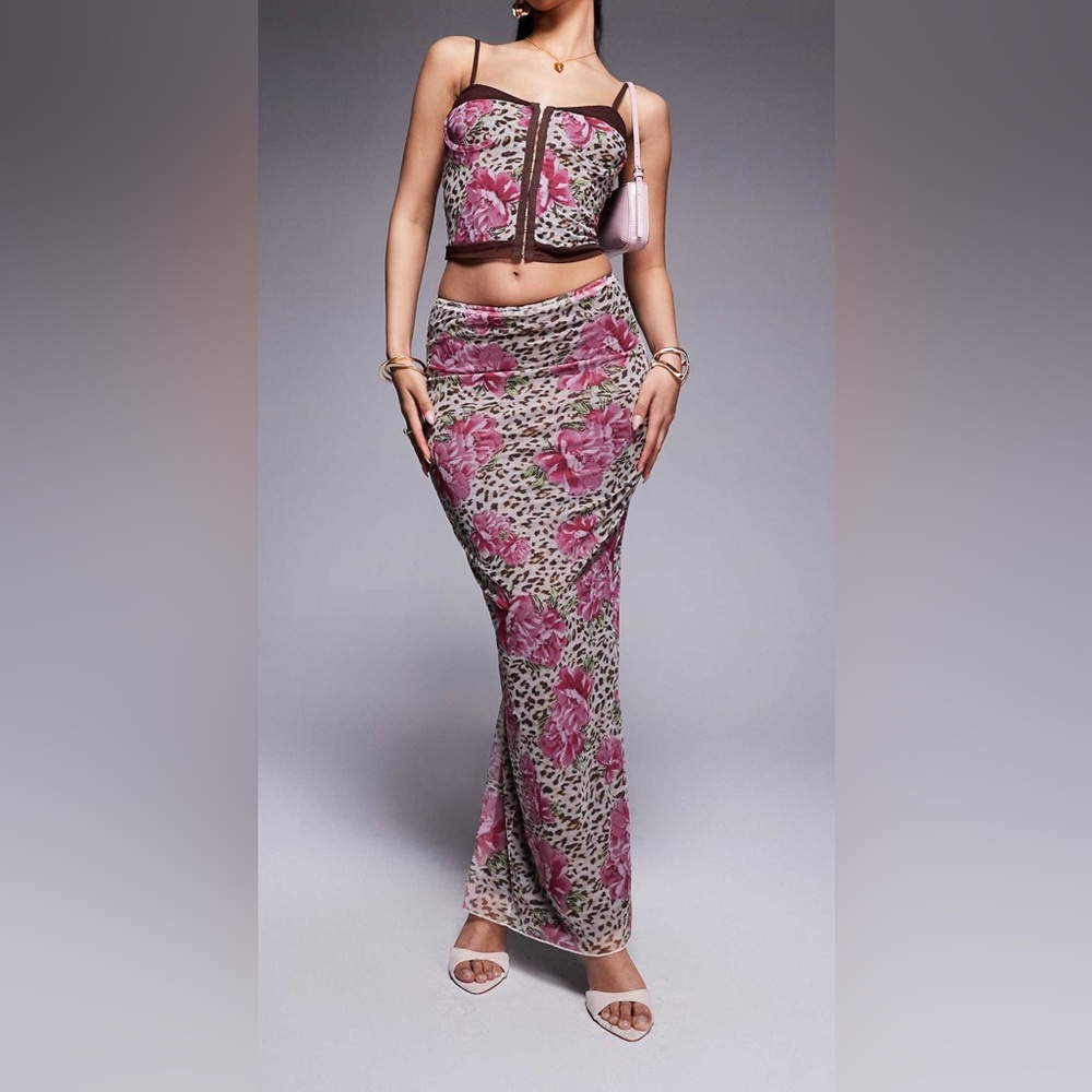 Princess Polly Floral Leopard Print Maxi Skirt - Pink